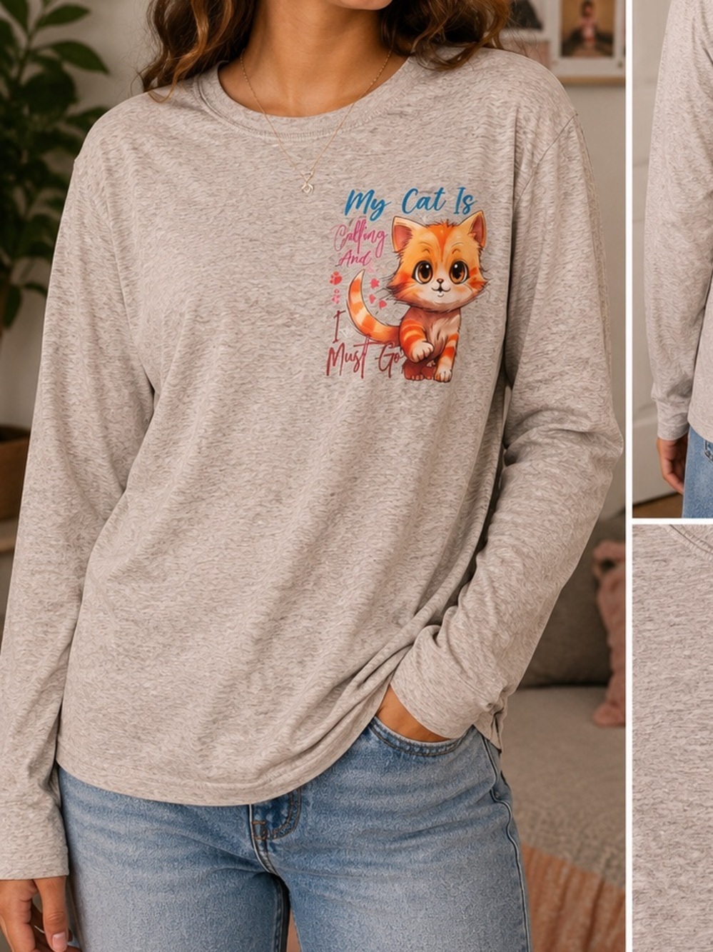 Hand Crafted Gray Long-Sleeve Tee with Orange Kitten Graphic girls XL
